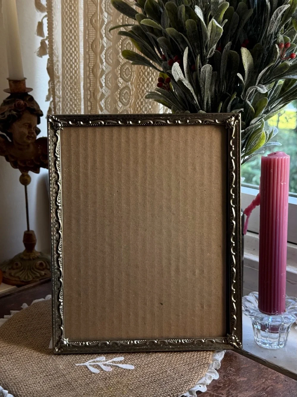Vtg Gold Tone Brass Metal Picture Frame Embossed Design Edge Fits 8x10”